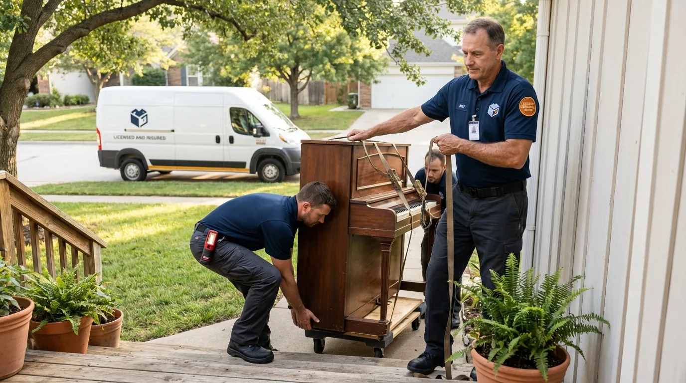 Licensed piano movers securing grand piano in Des Moines, IA