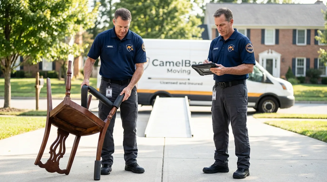 Movers inspecting furniture for damage prevention before loading in Des Moines, IA
